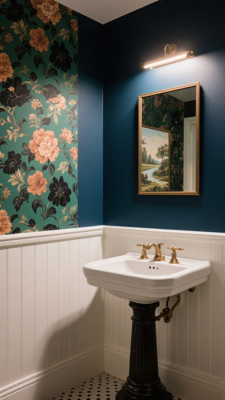 Photorealistic medium shot of a powder room corner with bold walls: deep navy satin paint on the lower half with white beadboard wainscoting, and dramatic peel-and-stick floral wallpaper above in emerald, clay, and black accents; a classic pedestal sink sits against the wall, warm flattering lighting casts soft highlights on the semi-gloss paint; include a small framed scenic mural-style panel reflected in a simple mirror; mood is high-contrast, luxe, and dramatic, no people