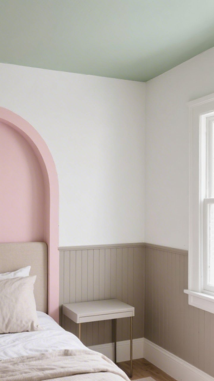 Photorealistic medium shot of a small bedroom corner featuring purposeful paint zoning: the lower half of the walls color-blocked in a warm greige to mimic wainscoting, upper half in soft white, with a painted blush-pink arch as a faux headboard behind a low-profile bed; ceiling tinted a pale sage that draws the eye up; eggshell finish on walls subtly reflecting natural daylight from a side window; include simple linen bedding and a slim nightstand to emphasize the intentional color zones