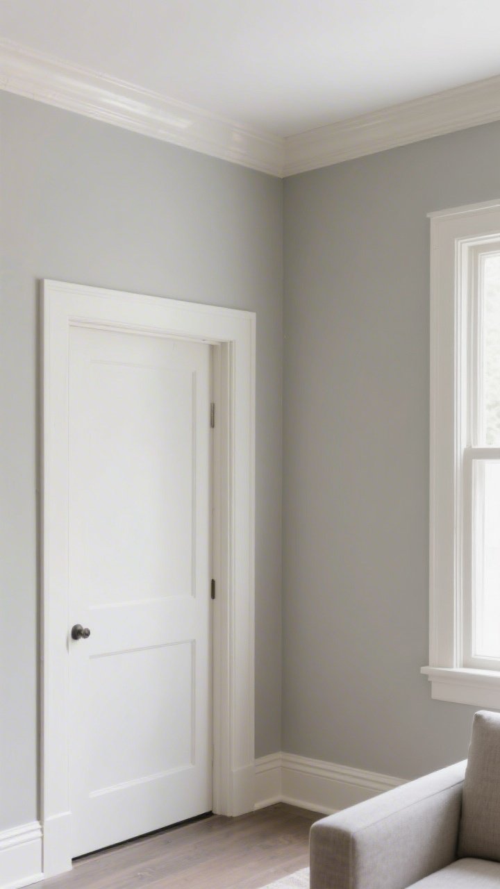 Photorealistic medium shot of a small living room corner showcasing intentional paint: walls and trim painted the same soft greige neutral, with eggshell on walls and subtle semi-gloss sheen on trim; the door and ceiling are color-drenched in the same shade, with the ceiling two tones lighter for a visual lift; soft satin glow on the ceiling; natural daylight filtering in, no bright white; include a simple modern baseboard and door casing to highlight the finish difference; mood is calm, high-end, and cohesive.