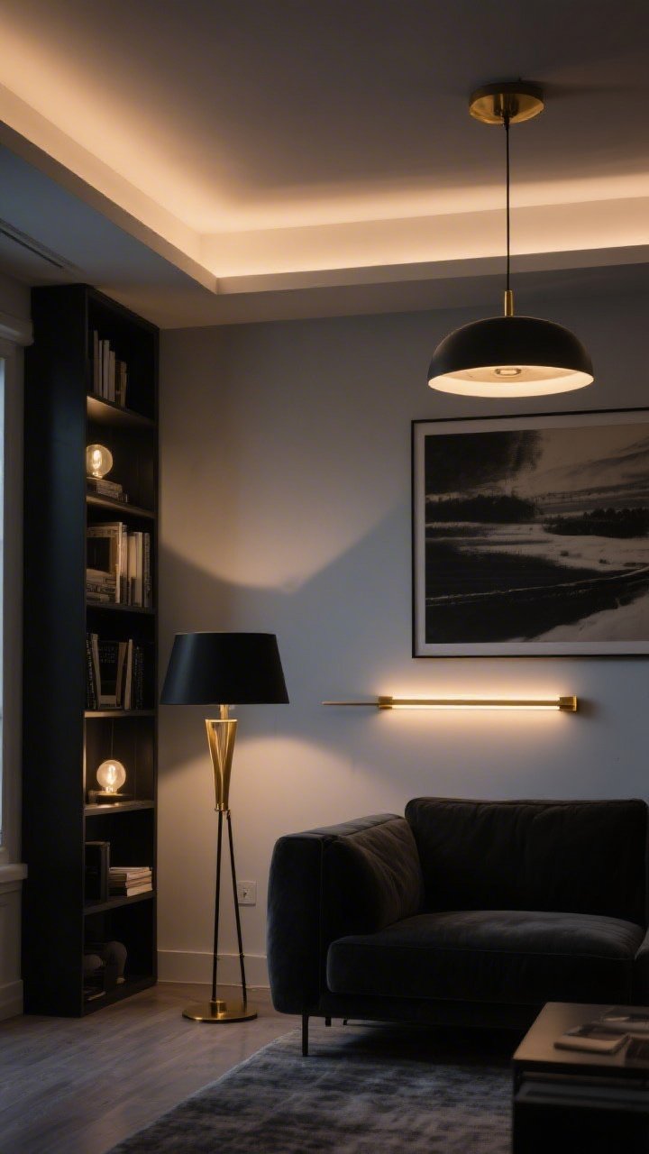 Photorealistic medium shot of a three-layer lighting plan at dusk: ambient glow from a dimmable ceiling fixture, a black-and-brass floor lamp providing task light near the sofa, and accent lighting via a slim brass picture light above large wall art plus soft LED strips washing a bookshelf. Bulbs at 2700–3000K create a cozy warmth; finishes mix black and brass consistently. Straight-on composition showing all three lighting layers active, moody yet inviting.