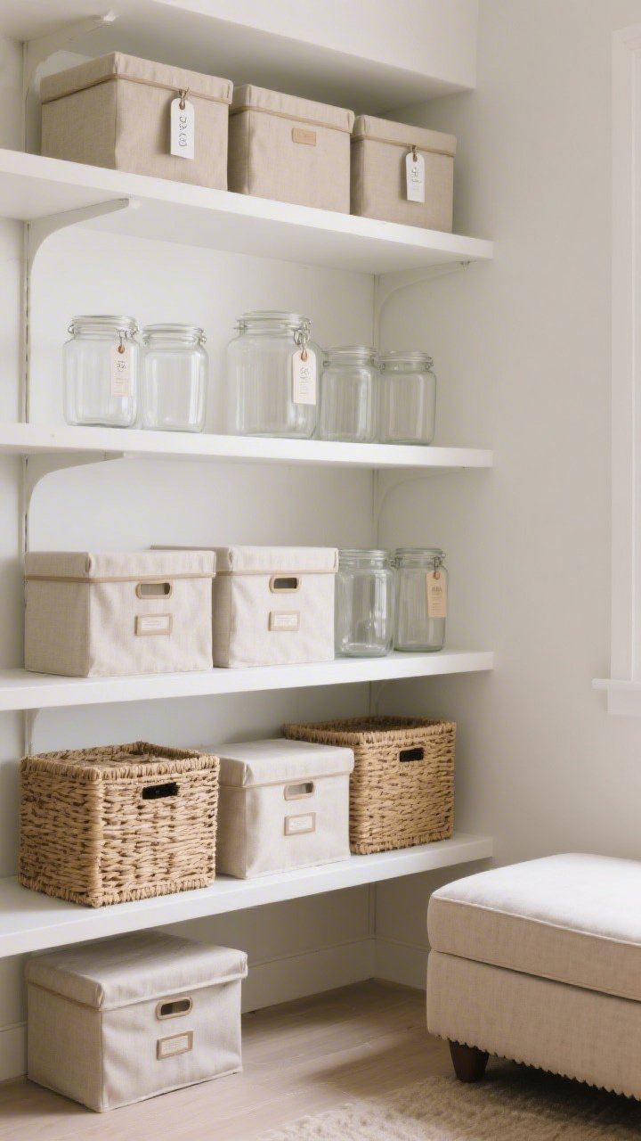 Photorealistic medium shot of styled storage on open shelves: closed storage with seagrass baskets and lidded fabric boxes on lower shelves, clear glass jars and matching neutral bins on upper shelves, subtle hangtag labels; a storage ottoman nearby; shelves 30% empty to show negative space; bright, organized, calm mood.