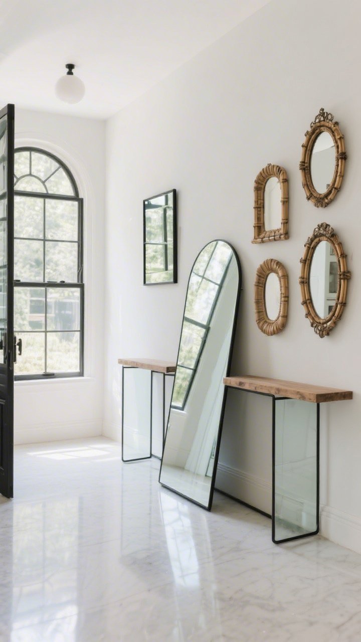 Photorealistic medium-wide entryway featuring mirrors for light and space: a large arched floor mirror leaning against a wall opposite a window to bounce natural light, a slim console with a smaller black metal–framed mirror above, and a small gallery of vintage bamboo-framed mirrors adjacent; clean glass surfaces, bright airy feel, no clutter.