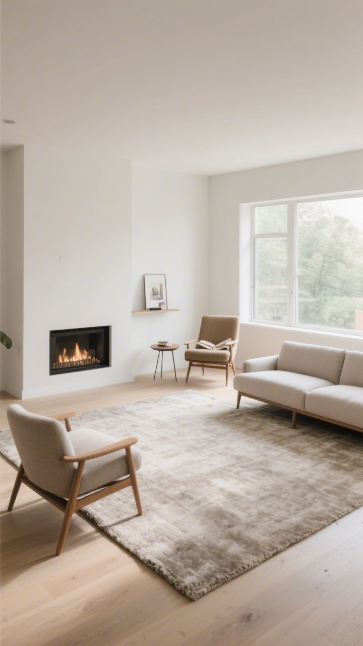 Photorealistic medium-wide living room showing a rearranged layout: a sofa floated off the wall creating two zones in an open-plan space, a chair angled near a window forming a cozy reading nook with a small side table, a large neutral rug with the front legs of sofa and chairs on it, symmetrical styling around a fireplace focal point; bright daylight, straight-on perspective.