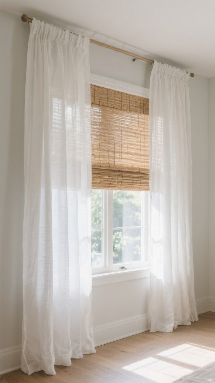 Photorealistic medium-wide window wall showcasing budget-smart curtains: floor-grazing white linen drapes hung high (4–8 inches above frame) and wide (6–12 inches beyond sides) with two panels per side for fullness; layered sheer panels behind blackout liners; a bamboo Roman shade half-lowered for texture; bright natural light filtering in.