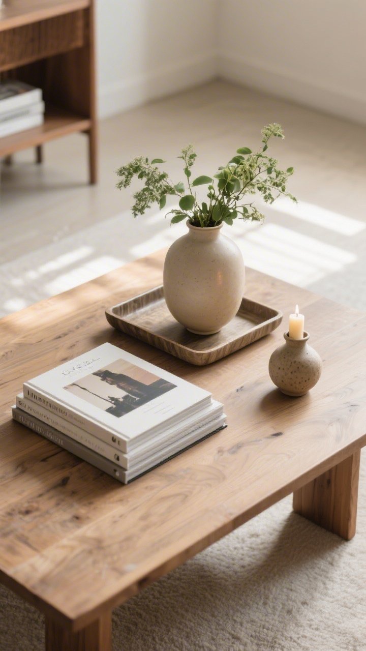 Photorealistic overhead detail of a styled coffee table: the 3-item formula shown clearly—height via a simple ceramic vase with greenery, structure via a tray and stacked art books, personality via a candle and a small hand-thrown ceramic piece; clutter-free composition; soft morning light raking across a wood tabletop; cohesive colors repeated in objects for an intentional look
