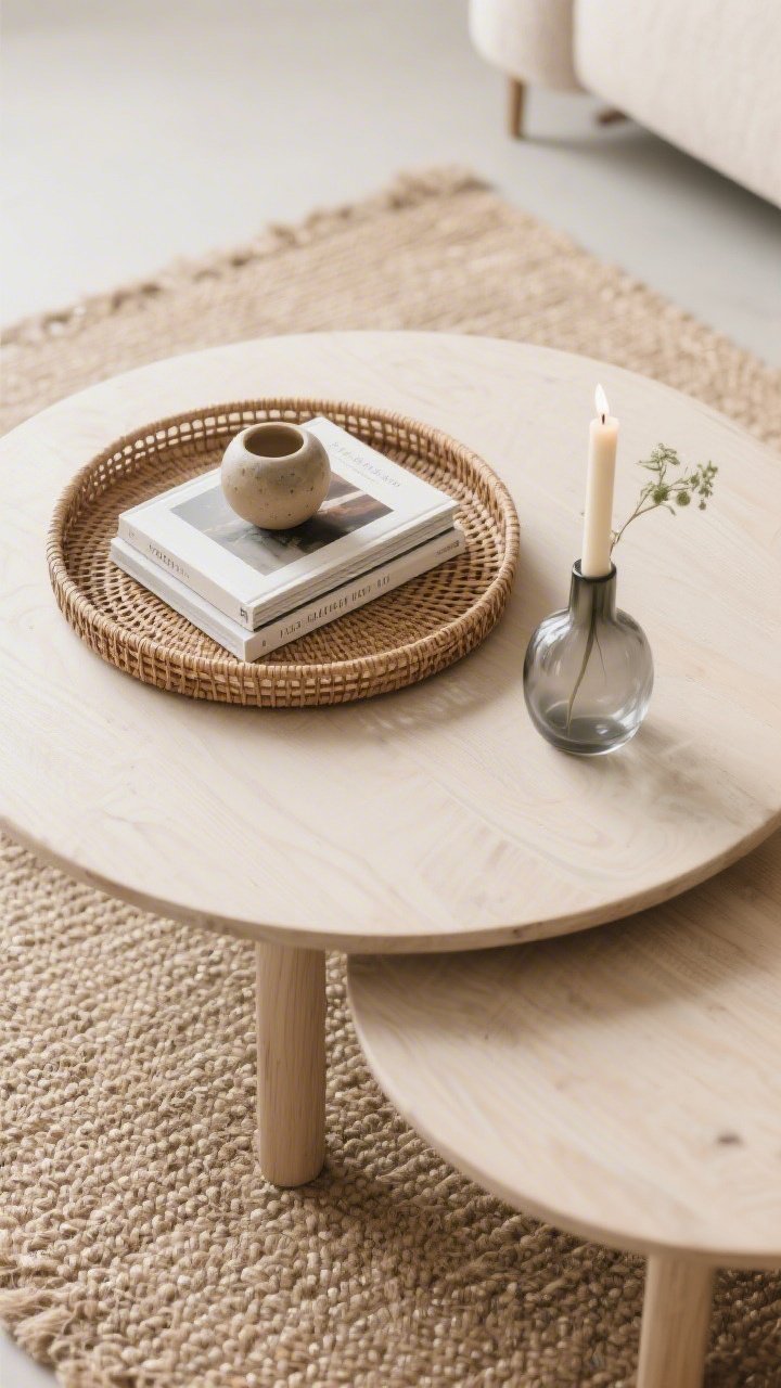 Photorealistic overhead detail shot of a styled coffee table using the Rule of Three: a round rattan tray, a stack of two art books with a small ceramic object on top, and an organic element—a smoky glass candle next to a small bud vase; negative space visible on the tabletop; texture variety (matte ceramic, smooth glass, woven tray) on a light wood table over a jute rug.