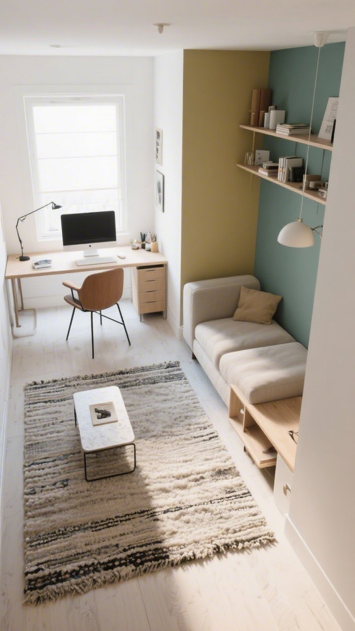 Photorealistic overhead shot creating clear zones in a tiny multipurpose room: a flatweave rug defining a compact desk/work zone with a chair and small task items; a plush rug signaling a lounging corner with a low table; a narrow console table placed behind a floating sofa subtly dividing areas; an open shelving unit acting as a light divider; color coding with complementary tones distinguishing work vs. relax zones. Bright, evenly lit top-down composition.