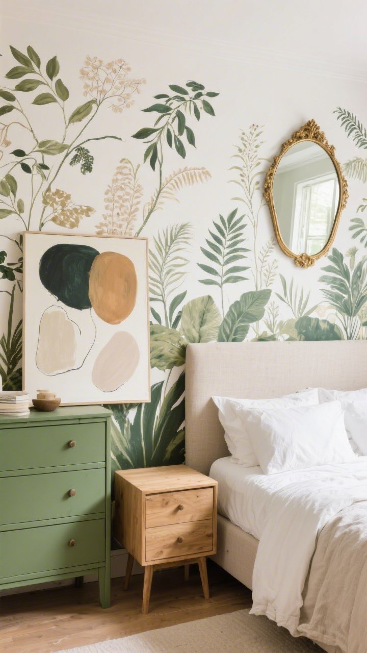 Photorealistic straight-on focal wall featuring a bold statement: a peel-and-stick botanical mural behind a bed with a simple linen headboard; an oversized DIY abstract canvas leaning on a dresser painted in moss green; an arched vintage-gilt mirror reflecting light; supporting decor kept neutral (warm white bedding, natural wood nightstands); balanced composition.