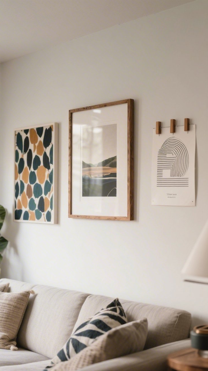 Photorealistic straight-on medium shot of a living room wall anchored by an oversized 24x36 art print in a simple thrifted wood frame; palette coordinated with existing decor; a second large piece made from bold patterned fabric stretched over foam board; a third graphic poster hung with slim wood magnetic hangers; balanced composition with clean, modern look under soft ambient light