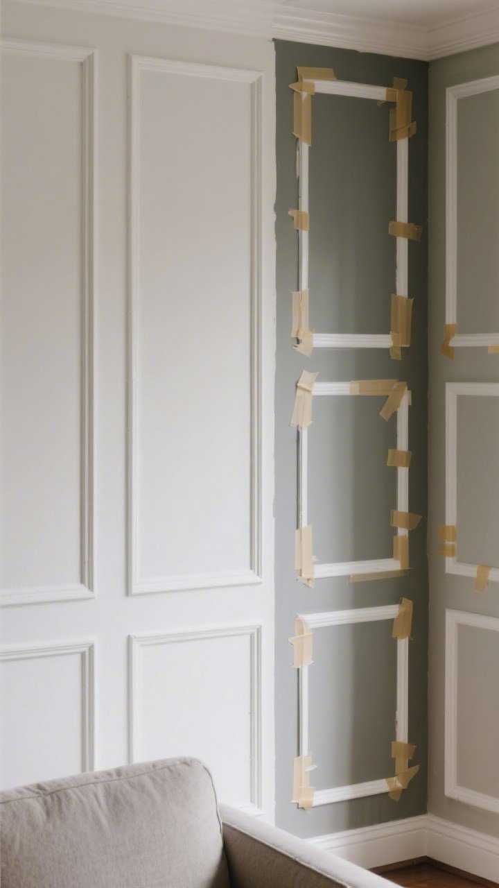 Photorealistic straight-on medium shot of a living room wall with picture-frame molding created from lightweight foam strips adhered cleanly and painted to match the wall; adjacent section shows painted “molding” rectangles done with painter’s tape in a slightly darker tone for a subtle shadow effect; proportions scaled to wall height; no power tools in sight; elegant, under-$100 architectural lines