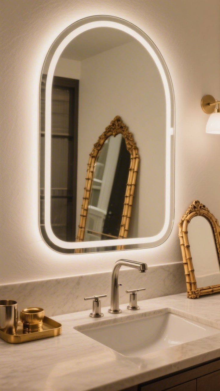 Photorealistic straight-on medium shot of a statement mirror moment: an oversized thin-framed arched mirror centered to the sink (not the wall) with 2–6 inches clearance above a modern faucet; optional backlit glow subtly rim-lighting the mirror; a vintage gilt bamboo mirror leaning on a nearby wall is visible in reflection for contrast; clean vanity surface, warm balanced lighting, materials mix with brass and brushed nickel echoed in accessories