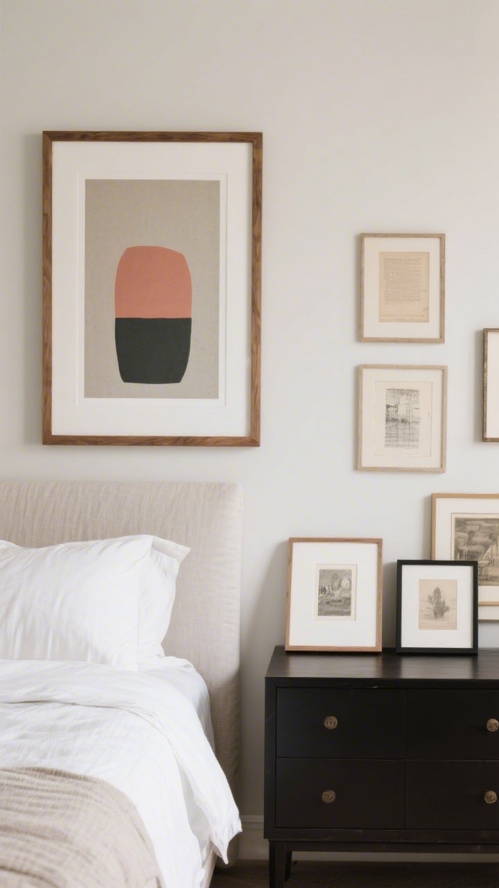 Photorealistic straight-on medium shot of curated bedroom art: one oversized piece above the headboard in a neutral palette with a single accent hue, professionally printed and framed with a wide white or linen mat in a simple oak or black frame; adjacent dresser displays a few framed printable artworks from archives, all with real mats and consistent spacing; cohesive color story of neutrals plus a muted accent; soft, even daylight; clean backdrop to emphasize a collected-not-random vibe.