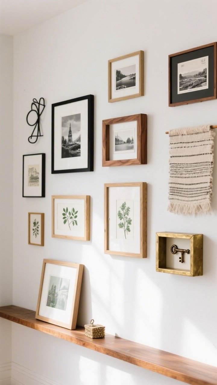 Photorealistic straight-on wall view of an eclectic gallery wall: mixed media including black-and-white photos, travel prints, small botanical prints, a textile piece, and a few small objects like vintage keys in shadowboxes; varied frame sizes with 1–2 inches between, frames in black metal, warm wood, and brass; a picture ledge below with a couple of pieces leaning; bright, even daylight.