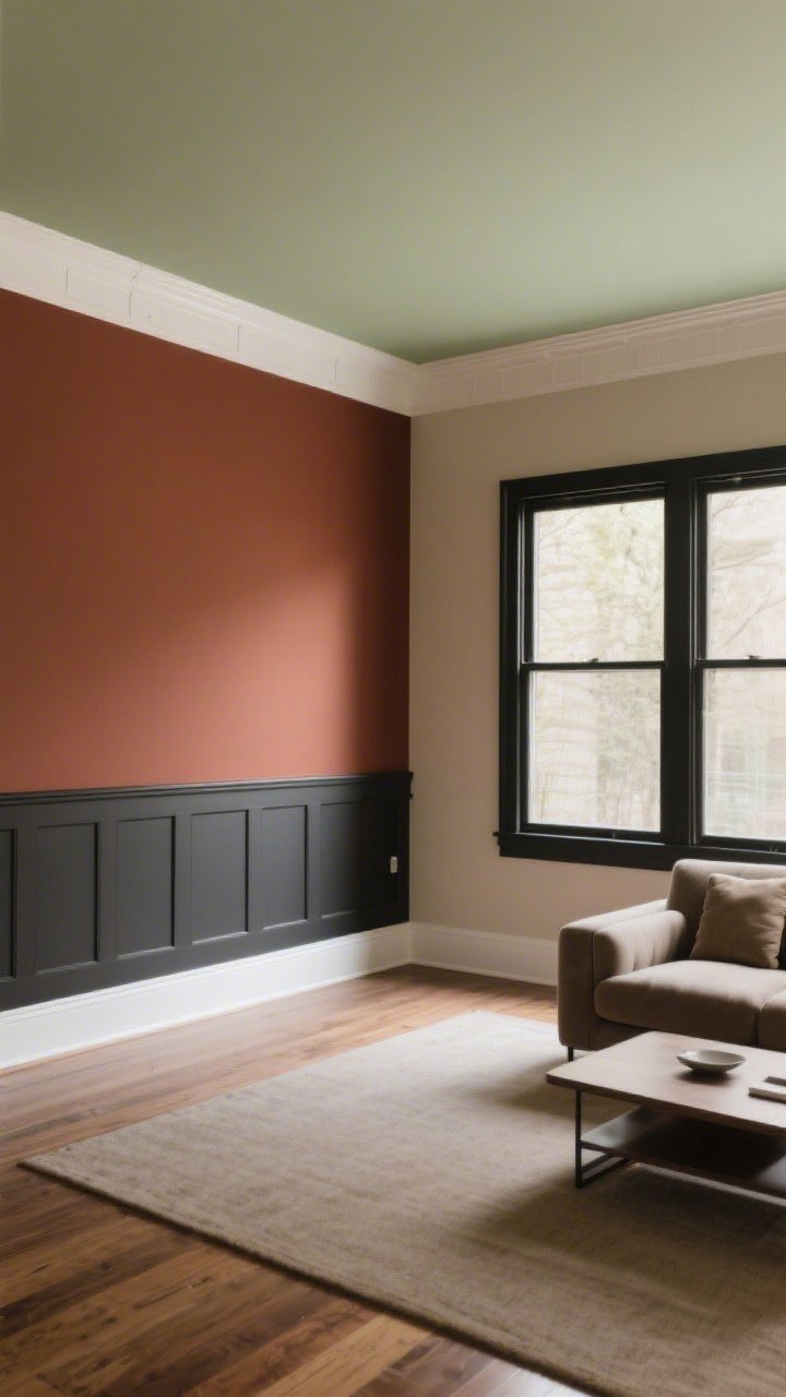 Photorealistic wide living room shot showcasing transformative paint choices: one bold accent wall in rich moody clay, remaining walls in calm warm neutral, with a soft sage-tinted ceiling as a subtle surprise; two-tone magic on a secondary wall with a darker lower half and a faux wainscot line; crisp white trim on baseboards and deep charcoal window trim for contrast; natural daylight, no people, modern cozy furnishings kept minimal to highlight the paint