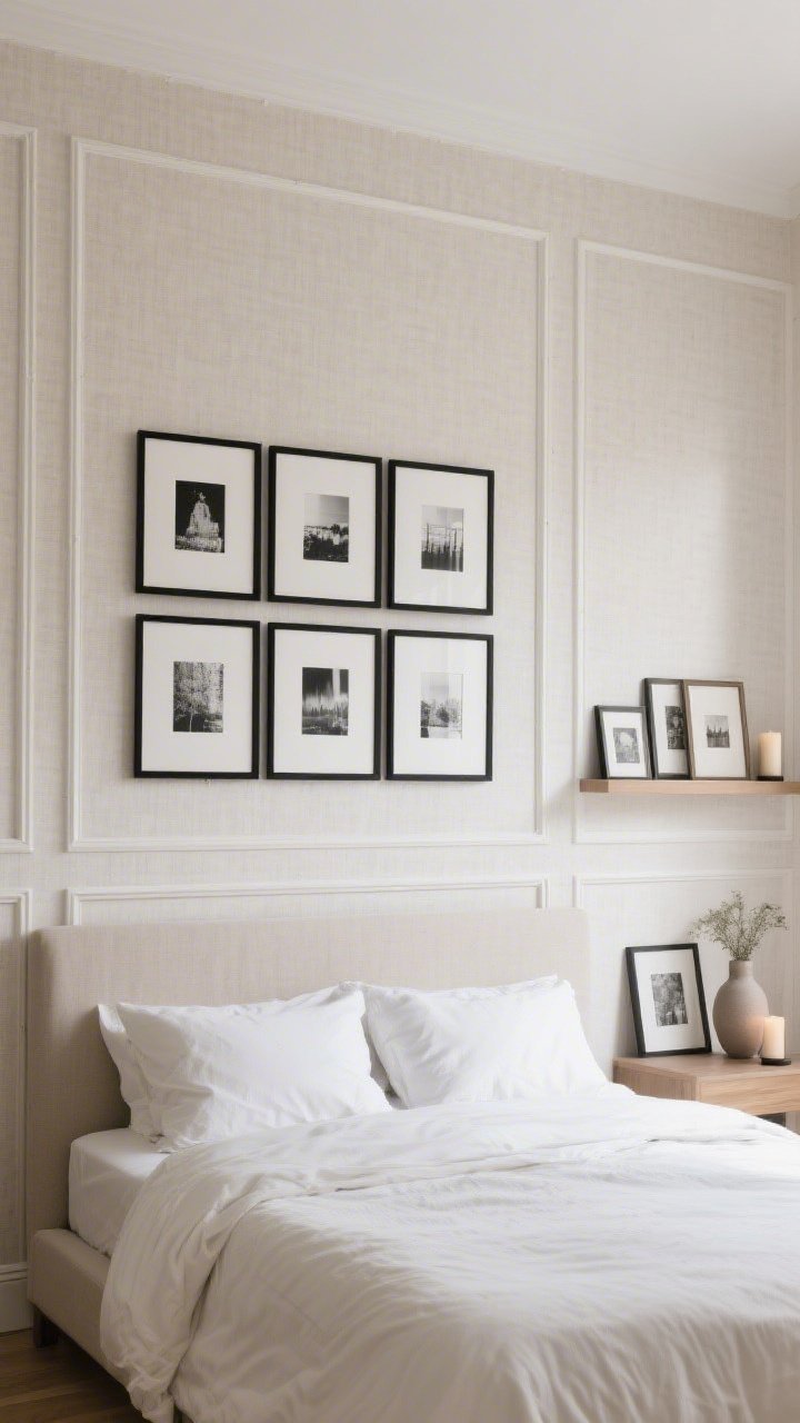 Photorealistic wide shot of a bedroom focal wall behind the bed created without paint: peel-and-stick wallpaper in a subtle linen-texture neutral, centered behind a simple headboard; an oversized art grid of 9 matching black frames with white mats and black-and-white prints arranged precisely, plus low picture ledges to one side holding layered frames, a small vase, and a candle; include lightweight foam molding strips arranged as faux paneling for added architecture; straight-on perspective, bright diffused daylight for a clean, curated look.