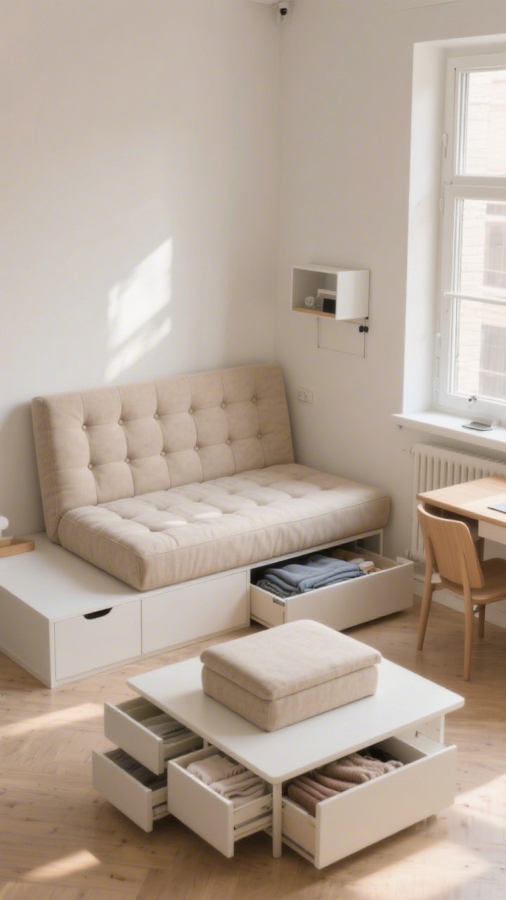 Photorealistic wide shot of a compact studio corner featuring multifunctional budget furniture: a tufted fabric daybed with neutral upholstery doubling as seating and sleep zone, a lift-top storage ottoman used as a coffee table (lid slightly ajar revealing folded blankets), a set of minimalist nesting tables partially pulled out, and a small wall-mounted drop-leaf table acting as a compact desk. Light, uncluttered styling, hidden storage emphasis, soft natural afternoon light, straight-on perspective.