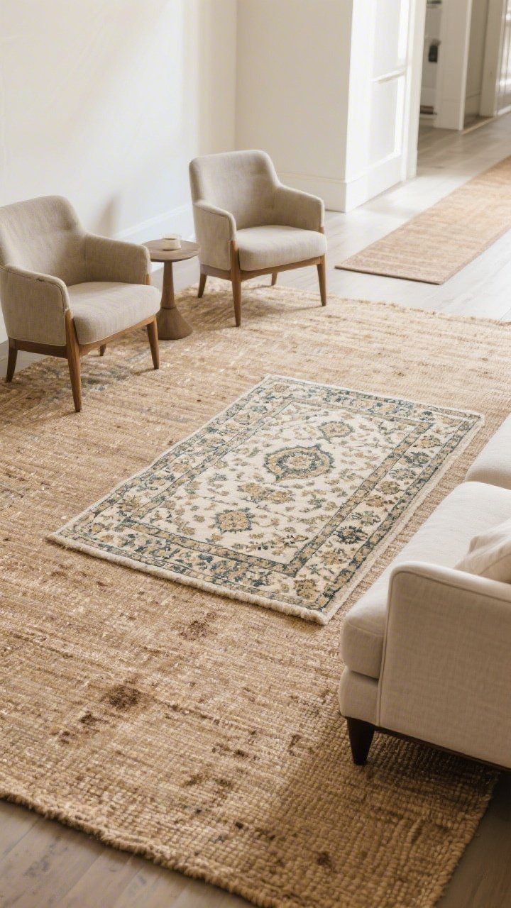 Photorealistic wide shot of a living room rug setup: a large natural jute base rug with a smaller patterned vintage-style rug layered on top beneath a sofa and two chairs, with front legs on the rug for cohesion; subtle wear pattern on the print to disguise stains; include a runner visible down a nearby hallway; daylight, stable angle; rug pad peek just visible at an edge.