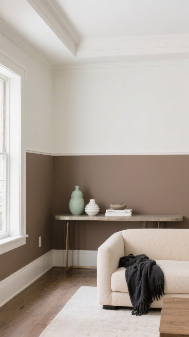 Photorealistic wide shot of a living room wall painted two-tone: darker clay taupe on the lower 36–42 inches and warm white above, crisp laser-straight dividing line, sealed tape edge perfection; pale sage and ivory accessories on a console, charcoal throw on a creamy beige sofa; natural daylight from the left, ceilings appearing taller, clean modern trim, no millwork, airy mood.