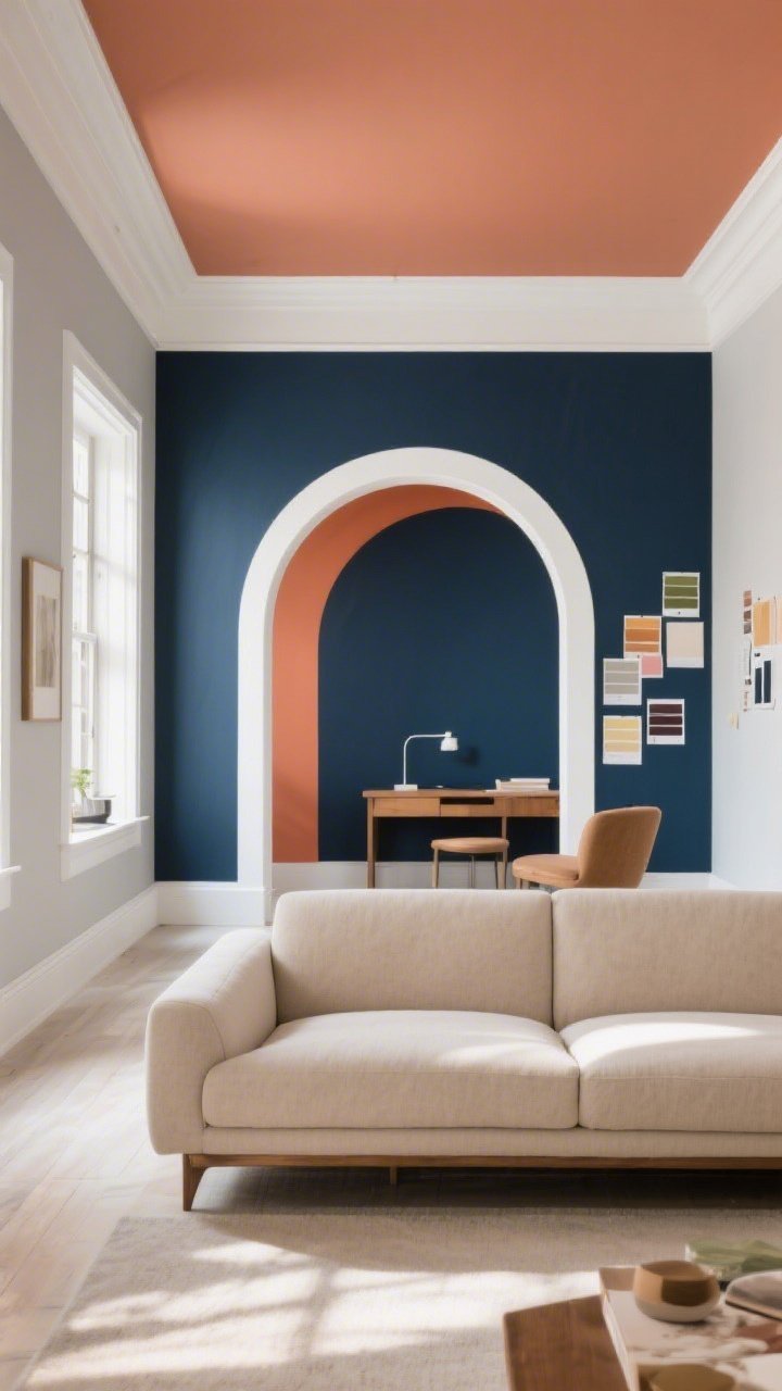 Photorealistic wide shot of a modern living room with a single deep navy accent wall behind a light oat-colored sofa, crisp white trim painted in a contrasting warm white, and a soft greige on the remaining walls; include a color-block painted arch in terracotta behind a small desk, and a subtly tinted ceiling for coziness; natural afternoon light with paint swatches taped on multiple walls; clean, airy vibe, no people.