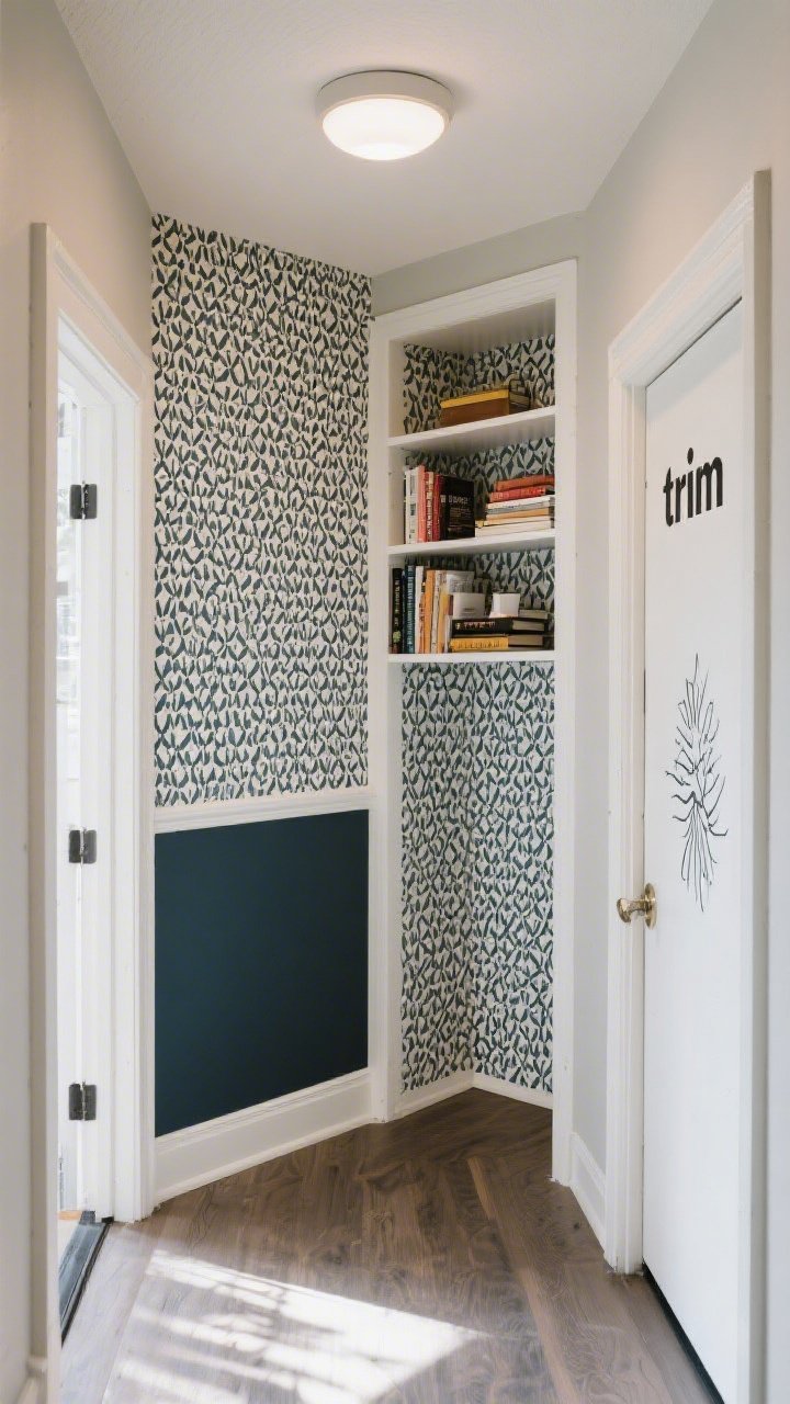 Photorealistic wide shot of a small entry nook featuring peel-and-stick wallpaper with a tight repeat pattern on the accent wall; a half-wall treatment where the lower half is wallpapered and the upper half has a painted “trim” line; bookcase to the side with its back panel also wallpapered; subtle overhead light and natural light blend; renter-friendly decals on a closet door; bold yet balanced, fully removable
