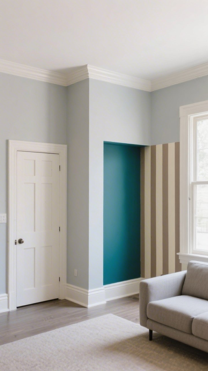 Photorealistic wide shot of a small living room showcasing strategic paint choices: tone-on-tone pale greige walls, trim, doors, and baseboards in the same light shade for a seamless, taller look; the ceiling painted one shade lighter with a subtle satin sheen to bounce soft morning light. Include a single deep teal color-drenched accent wall on the far side with matching trim for a jewel-box vibe. Add a DIY striped detail on a narrow nook: thin vertical cream-and-taupe stripes to visually raise the ceiling. No people, clean modern furnishings, natural light, straight-on perspective.