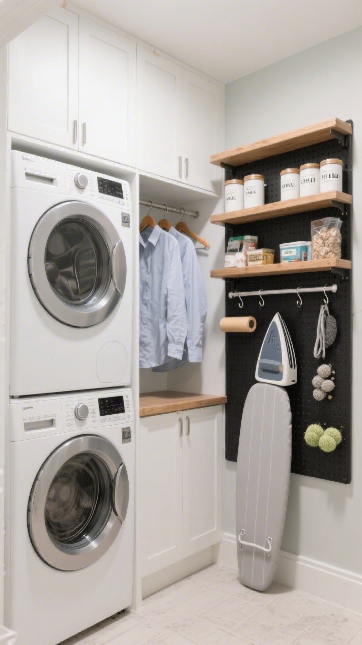 Photorealistic wide shot of a tiny laundry room using full wall height: front-loading washer and dryer stacked on the left, floor-to-ceiling white open shelves and overhead cabinets on the right holding labeled canisters, stain kits, and bulk items; a matte black pegboard with wall hooks displaying lint rollers, an ironing board, and reusable dryer balls; a slim tension rod mounted beneath the top shelf with a few shirts on wooden hangers; color palette of soft whites and pale grays with warm wood shelf accents; straight-on perspective, bright neutral lighting