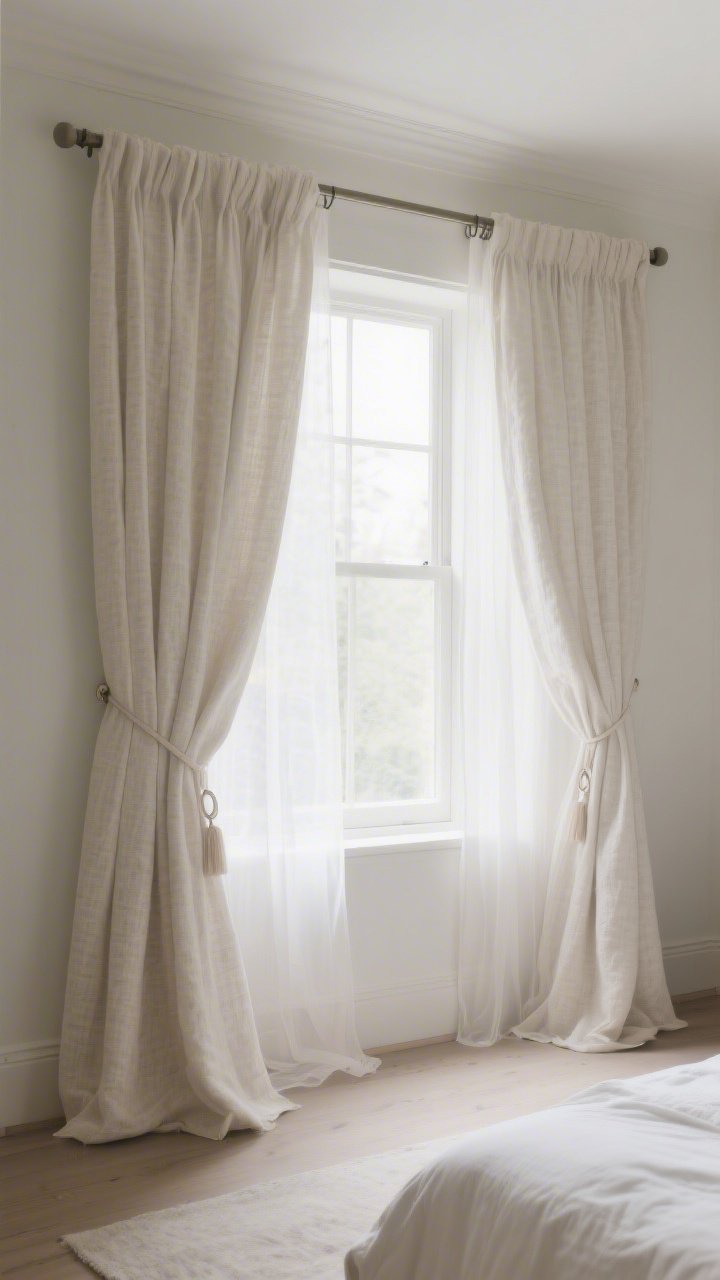 Photorealistic wide shot of a window wall with properly fitted curtains: rods mounted 4–6 inches above the frame (near ceiling) and extending 6–10 inches past each side to visually widen the window; linen-blend curtain panels in textured neutral off-white “kissing” the floor with a slight puddle; optional sheer inner layer for softness; use ring clips; include a quick-steamed look with no wrinkles; daylight filtering through, casting gentle, airy light across the bedroom.