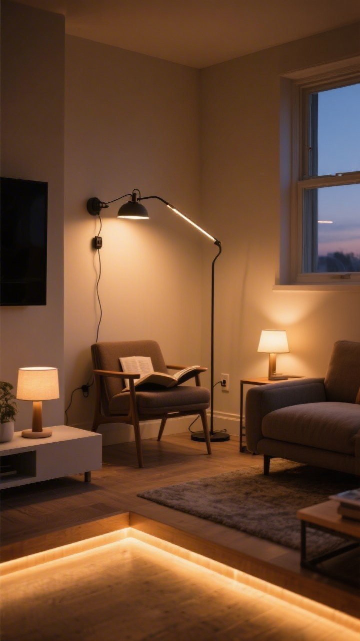 Photorealistic wide shot of layered lighting in a small living area to fake square footage: warm 2700K–3000K bulbs throughout; a plug-in swing-arm sconce over a reading chair for task lighting, a slim arc floor lamp brightening a dark corner for ambient glow, a table lamp near the sofa, and subtle LED strip lights under a floating shelf for accent drama. Evening scene with inviting warmth, balanced light zones, corner perspective.