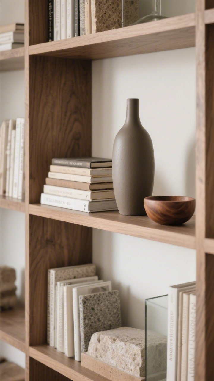 Shelf styling closeup: A bookcase cube arranged with the rule of thirds—stacked horizontal books, a vertical matte ceramic vase, and a small round wood bowl, all grouped tall + medium + small. Repeated textures of wood, stone, and glass appear across adjacent sections, with deliberate negative space creating an airy, curated feel. Soft side lighting accentuates form.