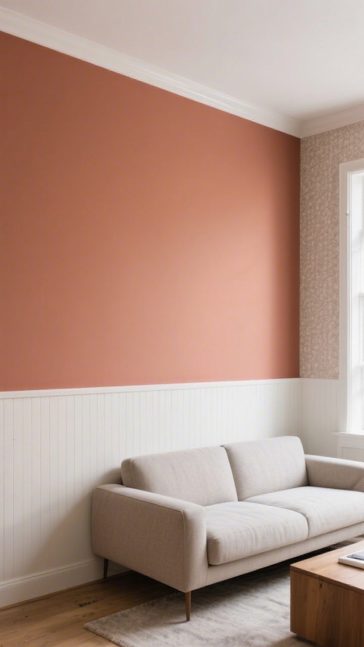 Straight-on feature wall shot: A compact living room with the sofa placed against a statement wall featuring a two-thirds color block in a modern muted terracotta over warm white, creating added height; subtle peel-and-stick wallpaper texture on an adjacent nook; optional low-profile board-and-batten below the color block; minimal extra decor so the wall anchors the room; balanced daylight.