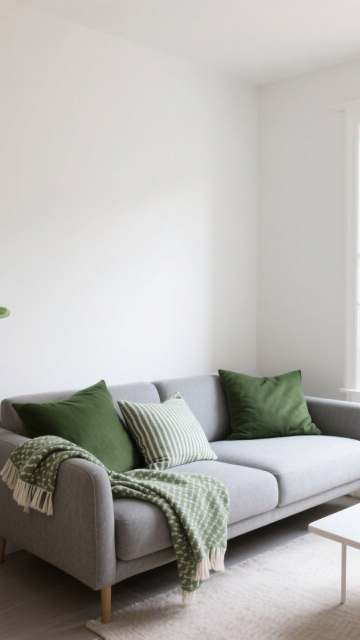 Straight-on medium shot: A cohesive small living room color story with a base of warm white walls and soft gray sofa, accented by forest green cushions and a complementary sage throw; patterns kept in the same family (subtle, coordinated stripes on a pillow, small-scale print on a throw); minimal decor for calm cohesion; daylight softly illuminating the palette.
