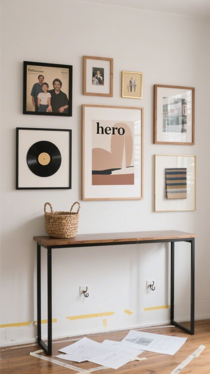 Straight-on medium shot: A curated gallery wall over a console table, anchored by one larger “hero” art print in muted earth tones; surrounding frames mix black, oak, and brass finishes with art prints, family photos, a vintage vinyl cover, and a small mounted fabric swatch; a single 3D element—a small woven basket—adds depth; paper templates and painter’s tape still visible on the adjacent floor from layout planning; rent-friendly stick-on hooks subtly visible; soft even daylight.