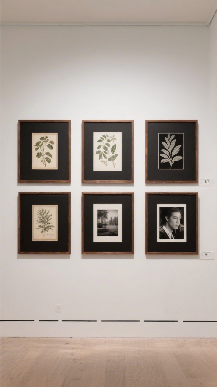 Straight-on medium shot: A curated gallery wall with a symmetrical 3x3 grid of mat frames in black and walnut, mixing vintage-style botanical prints and modern black-and-white photography; center height at ~57 inches from floor; command strips subtly visible at edges; clean, polished look with larger-scale frames making the room feel expansive.