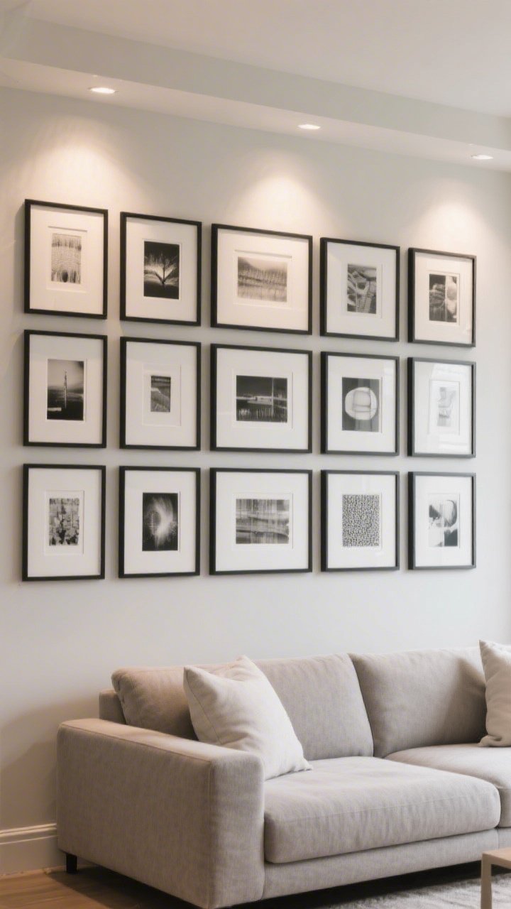 Straight-on medium shot: Curated wall art above a sofa; a tight gallery grid with matching black frames and white mats showcasing varied prints; a neutral wall, greige sofa with minimal pillows so the art anchors the space; frames hung at eye level, even spacing; soft, indirect lighting with subtle accent spotlight on the arrangement for a polished, cohesive look.
