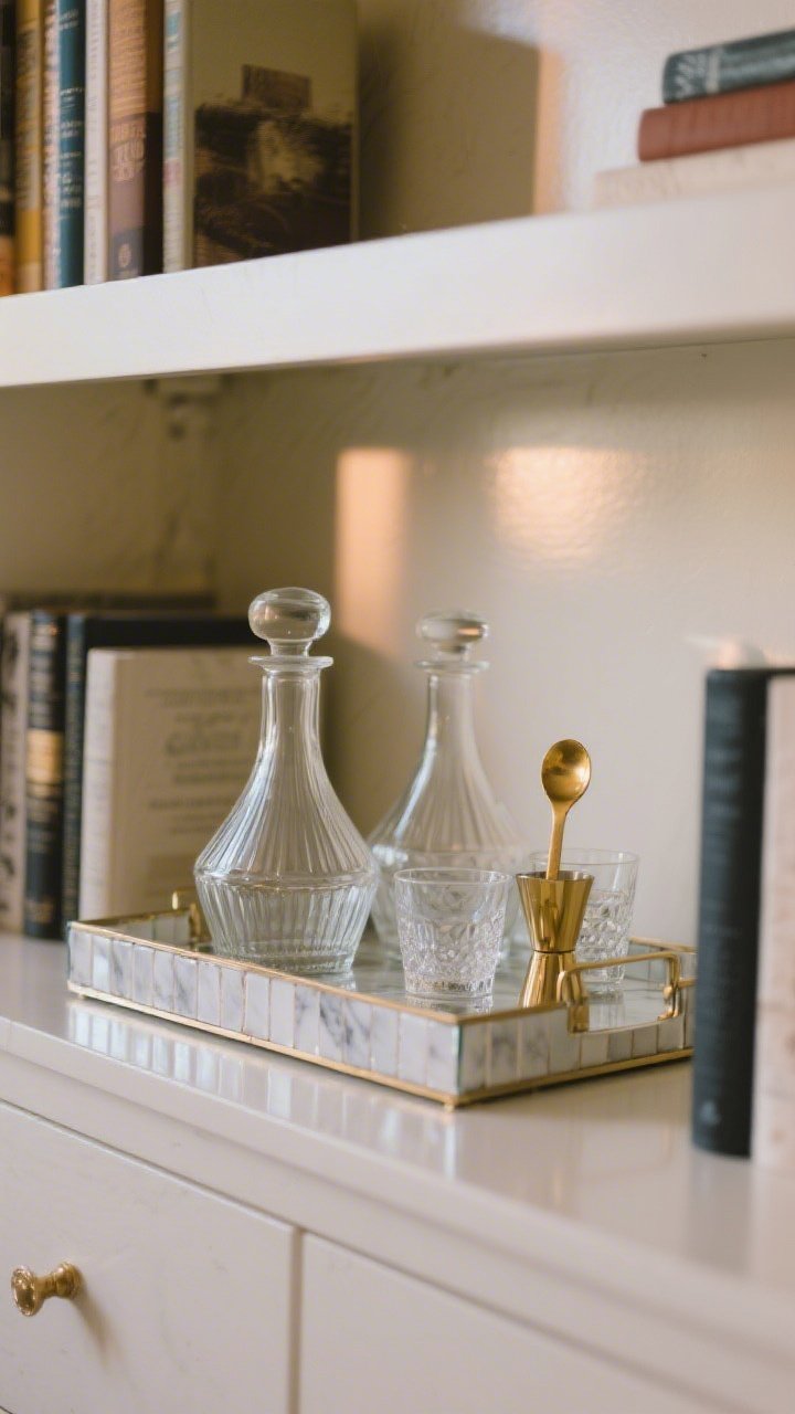 Straight-on medium shot of a $10 high-end bar vignette: a mirrored or faux-marble DIY tile tray as base, two shapely Dollar Tree glass decanters (unlabeled for minimalism), two short glasses stacked, and a gold-toned measuring spoon posed as a bar tool; symmetrical styling on a bookshelf; soft evening light with faint reflections for a luxe feel
