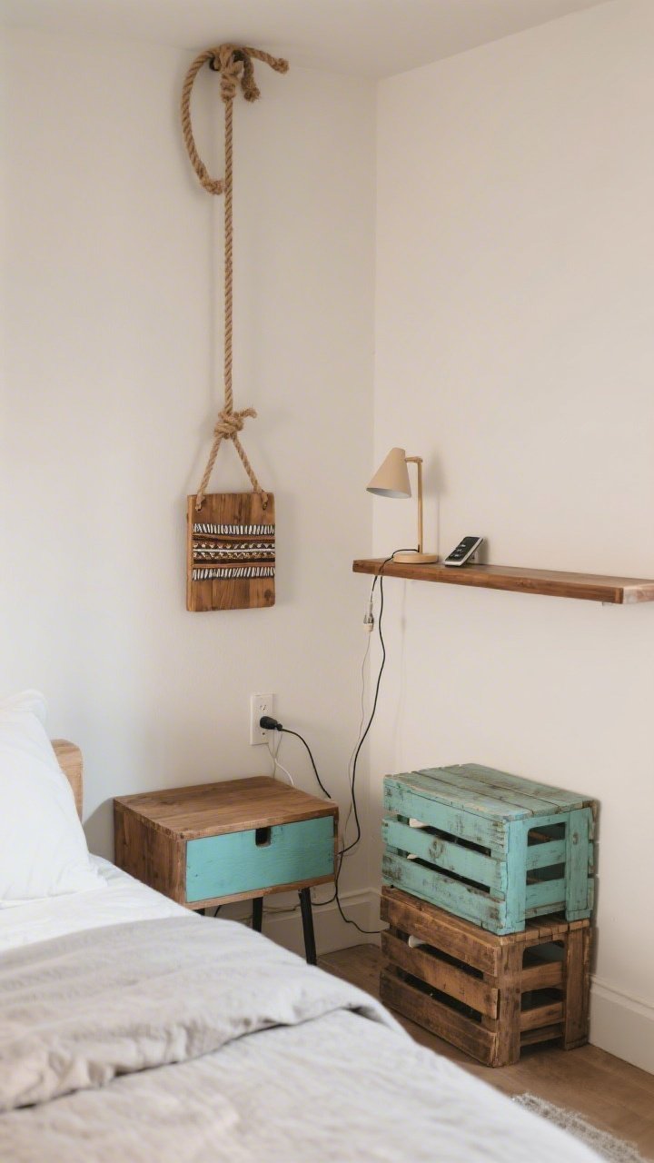 Straight-on medium shot of a bed flanked by space-savvy perches: a slim 4–6 inch deep wall ledge shelf on one side holding a small lamp and phone, on the other side two painted stacked wooden crates serving as a stand; a hanging nightstand on the far corner made from a small wood board and rope from a ceiling hook adds boho charm; visible cord clips managing cables; cozy neutral walls and simple bedding.