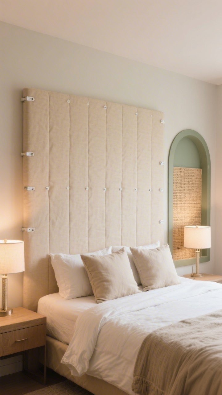 Straight-on medium shot of a bedroom with a DIY headboard focus: a fabric-wrapped foam panel in a sandy beige linen mounted with Command strips; on one side, a second example shows a painted arch headboard in a muted sage; a peel-and-stick cane panel sample leans against the wall; matching pillows and twin bedside lamps create a mini hotel zone; warm, soft bedside lighting.