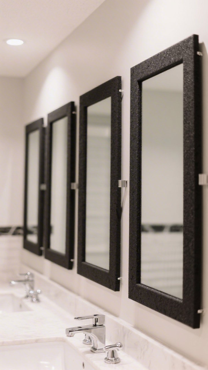 Straight-on medium shot of a boutique-hotel-inspired mirror wall: several rectangular Dollar Tree mirrors lined together and framed with foam-board strips wrapped in matte black contact paper; clean mitred corners; super glue seams crisp; mounted using invisible command strips; spa-like bathroom or glam vanity setting with soft, even lighting