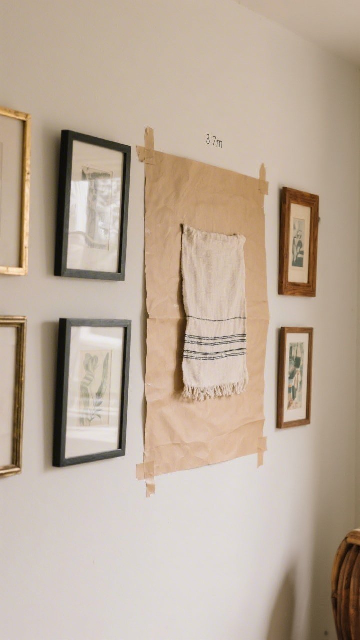 Straight-on medium shot of a budget-friendly gallery wall: thrifted frames unified with matte black, brushed gold, and warm wood tones around printable art and a small textile; kraft paper templates taped on the wall with some frames already hung at a 57-inch center height; neutral wall color, tidy styling, soft diffuse daylight
