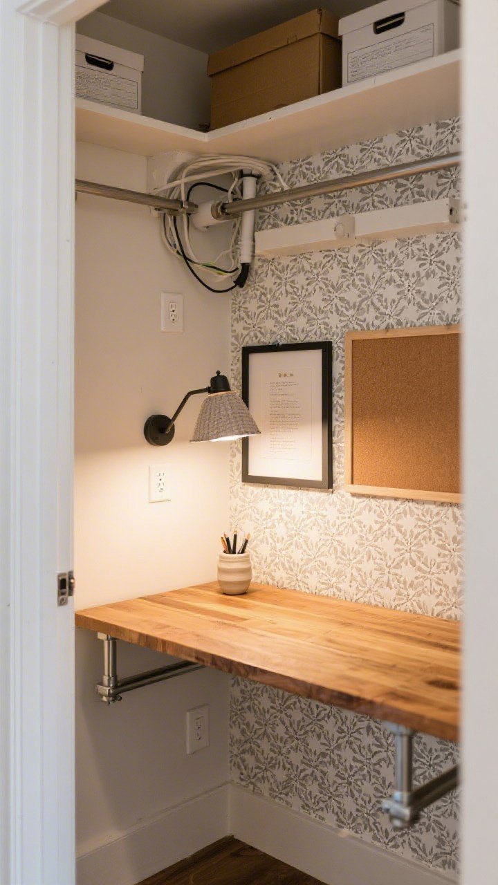 Straight-on medium shot of a closet-turned-office nook: a butcher-block shelf desk on sleek brackets, peel-and-stick patterned wallpaper on the back wall, shallow floating shelves above with boxes; visible cable raceway hiding cords; a plug-in sconce with a fabric shade, framed corkboard, and a ceramic pen cup; compact, efficient, warm task lighting.