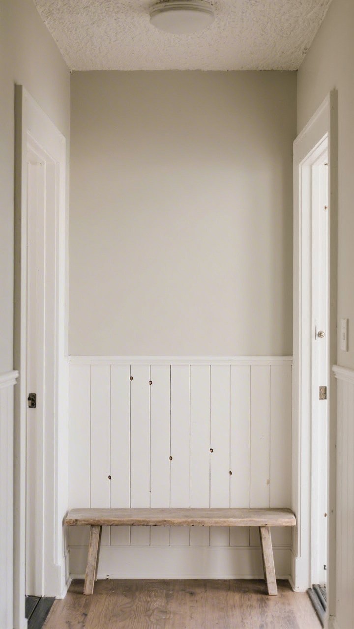 Straight-on medium shot of a DIY shiplap wall made from MDF strips painted a single soft neutral; nickel coin-width gaps visible; smooth caulked seams and filled nail holes; three-quarter height installation in a small entry to visually lift the ceiling; simple farmhouse bench against the wall for scale.