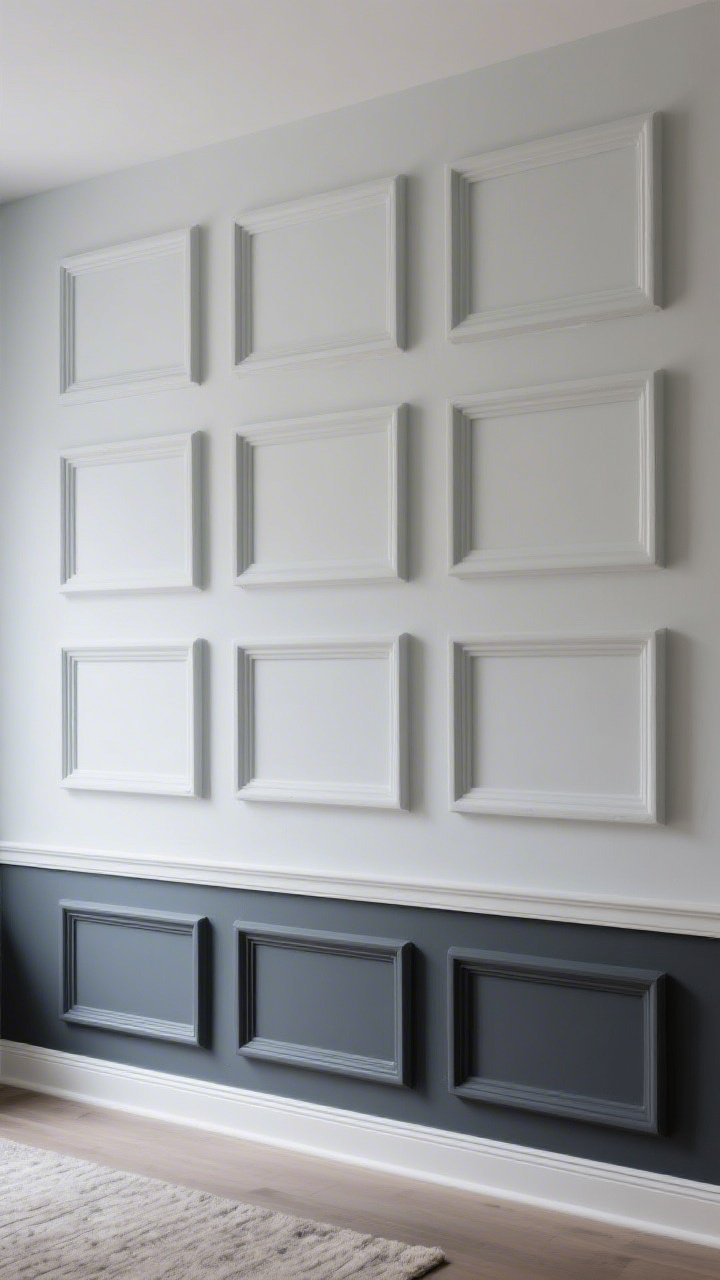 Straight-on medium shot of a feature wall: DIY picture frame molding arranged symmetrically using paintable foam strips, all finished in a satin pale gray; a lower half-wall section separated by a simple chair rail painted a deeper slate tone; crisp caulked seams and even grid spacing; clean baseboards and a neutral rug at the bottom edge; soft daylight emphasizing depth and shadow for a custom, architect-approved feel; no people, photorealistic.