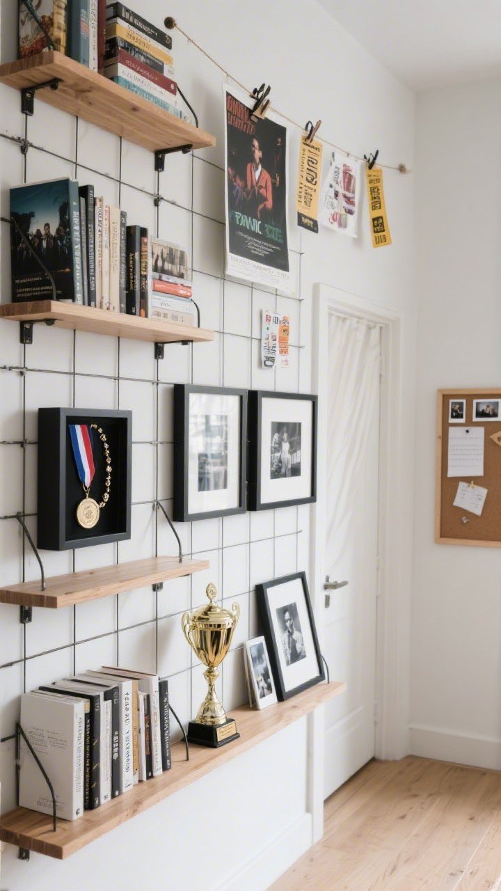 Straight-on medium shot of a flexible display wall curated like a rotating gallery: grid shelves and ledges holding a mix of books, a trophy, and framed photos; a curtain wire with binder clips suspending posters, art prints, and ticket stubs; two shadow boxes showcasing a concert bracelet, sports medal, and Polaroids; frames limited to black and natural wood finishes for a cohesive look; a small pinboard near the door with reminders and snapshots; clean, indirect daylight, photorealistic, no people.