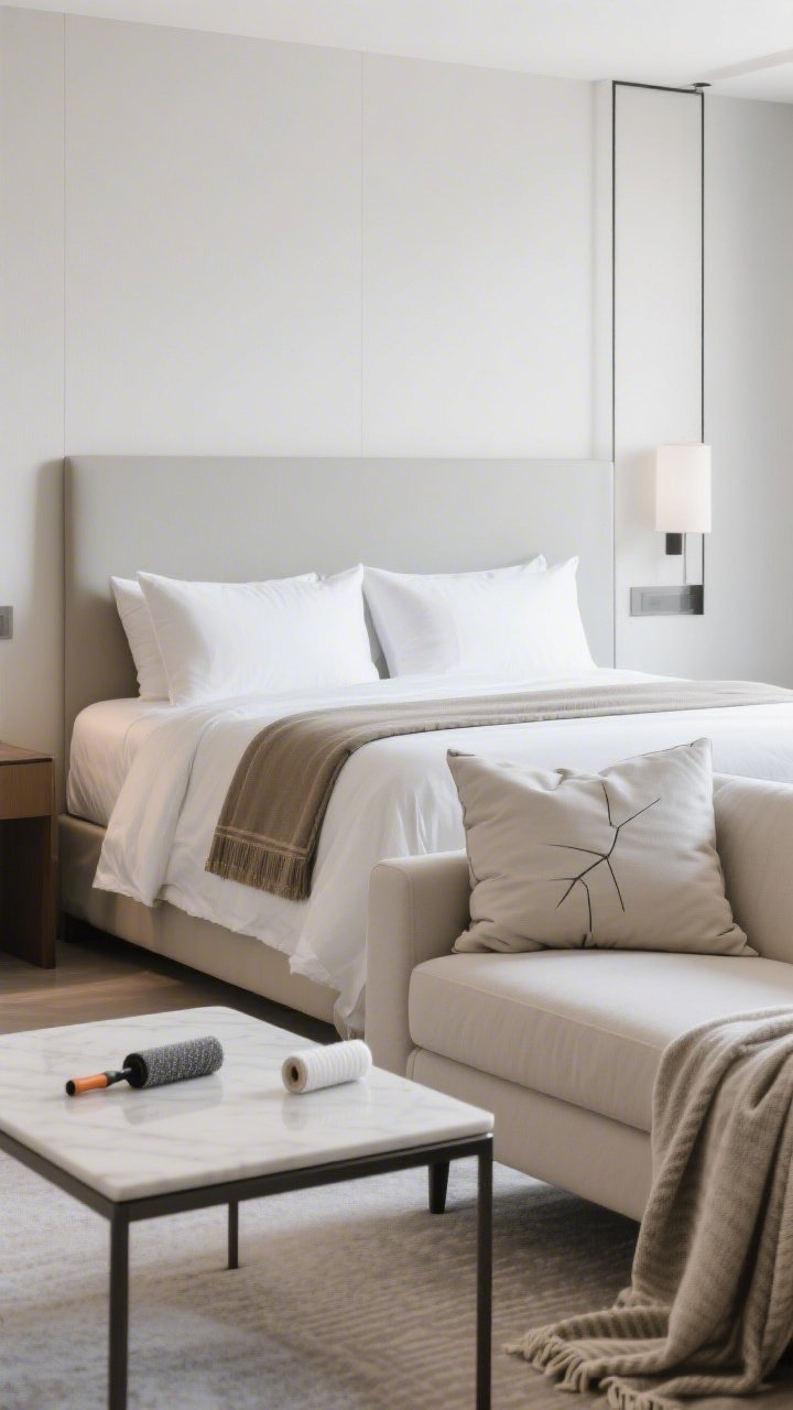 Straight-on, medium shot of a freshly styled bed and sofa: bed with smooth duvet, top sheet folded down, two pillows, two shams, and a long lumbar cushion; nearby sofa with fluffed cushions, lightly “karate-chopped” pillows, and a neatly re-draped throw; a lint roller on the coffee table hinting at the quick routine; bright, tidy, hotel-like vibe.