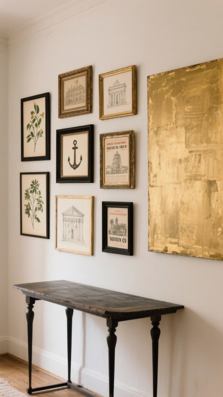 Straight-on medium shot of a gallery wall: A curated arrangement above a console, featuring thrifted frames unified with matte black and antique gold spray paint; a mix of public domain vintage prints—botanicals, architectural sketches, and classic posters; layout built around a central anchor piece with balanced spacing; alternative on an adjacent wall: one oversized DIY-painted canvas for a calm, luxe vibe; soft, warm daylight; no people, photorealistic.