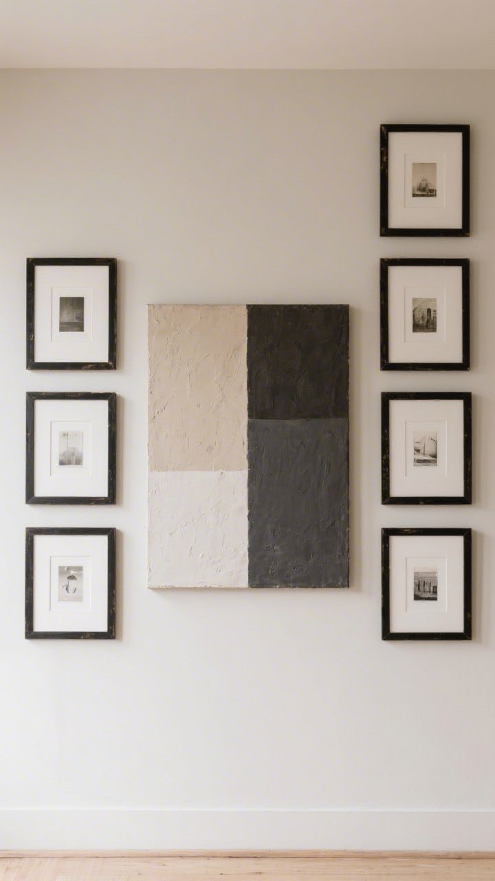 Straight-on medium shot of a gallery wall: one oversized canvas with minimal color-blocks in sand and charcoal plus a textured plaster wash, surrounded by a 3x3 grid of identical thrifted frames painted matte black with matching white mats and cohesive toned prints; neutral wall, art centers hung at 58 inches; soft daylight, clean modern vibe.