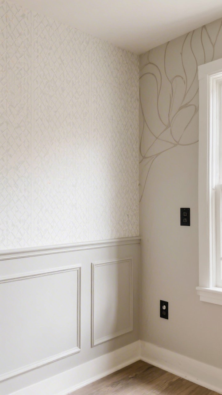 Straight-on medium shot of a renter-friendly accent wall: peel-and-stick wallpaper in a subtle geometric pattern on a single wall; lightweight deco molding strips applied to create faux paneling and painted to match the surrounding greige walls; organic-shape vinyl decals forming a soft mural on an adjacent nook; upgraded matte black switch plates and outlet covers visible; bright, even lighting