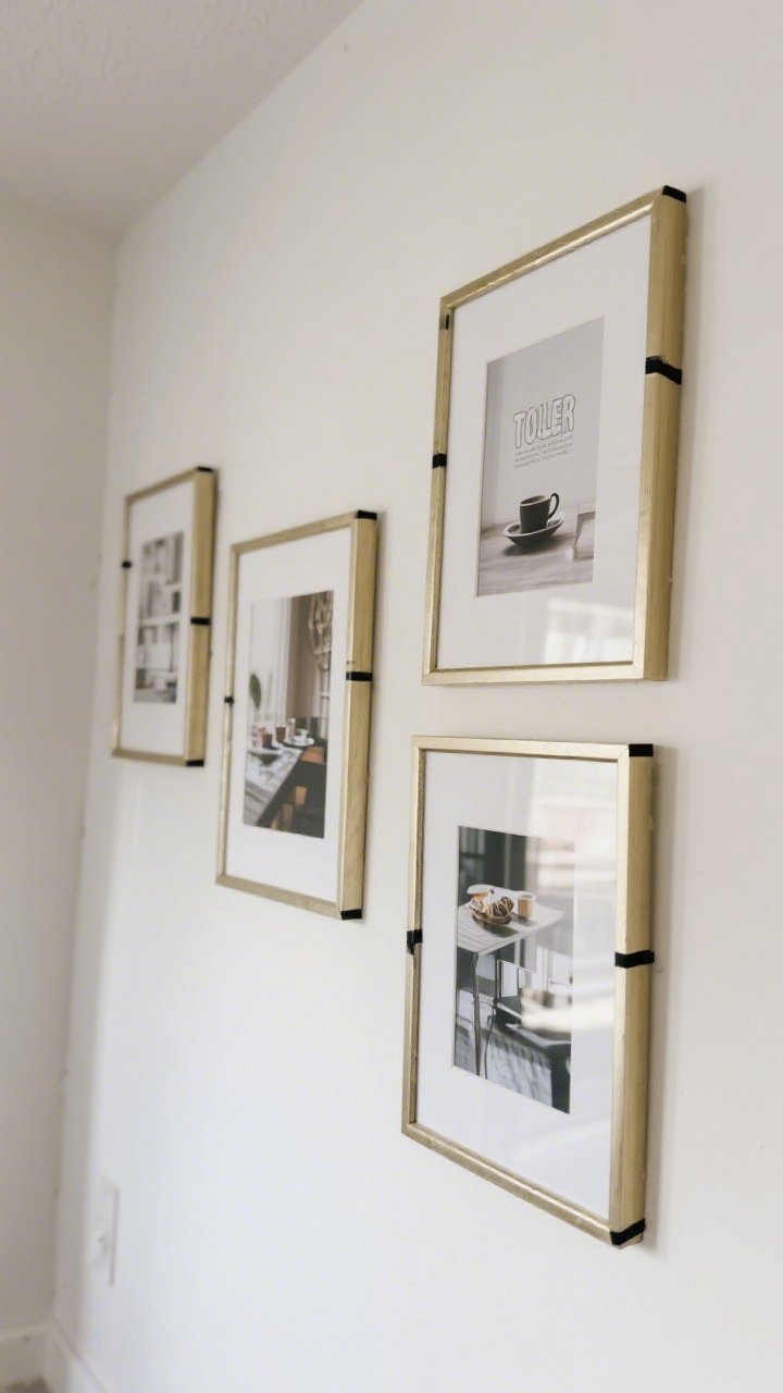 Straight-on medium shot of a small gallery wall featuring Dollar Tree frames upgraded with DIY white poster-board mats; frame edges lightly spray-painted in brushed gold and matte black with crisp taped lines; cohesive printable art pages from a high-end coffee table book theme; frames spaced evenly and hung at eye level against a soft white wall; balanced, refined mood with diffused daylight