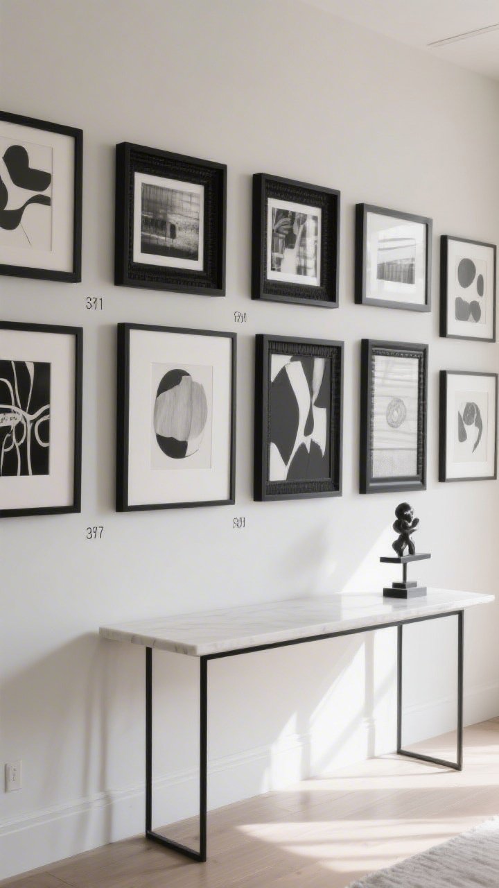 Straight-on medium shot of a sophisticated gallery wall: cohesive black frames in varied sizes, 2-inch spacing between pieces, centered at 57 inches from floor; a mix of black-and-white photos and tonal abstracts; one unexpected dimensional element like a tiny sculpture shelf; clean console below, even natural light for clarity.