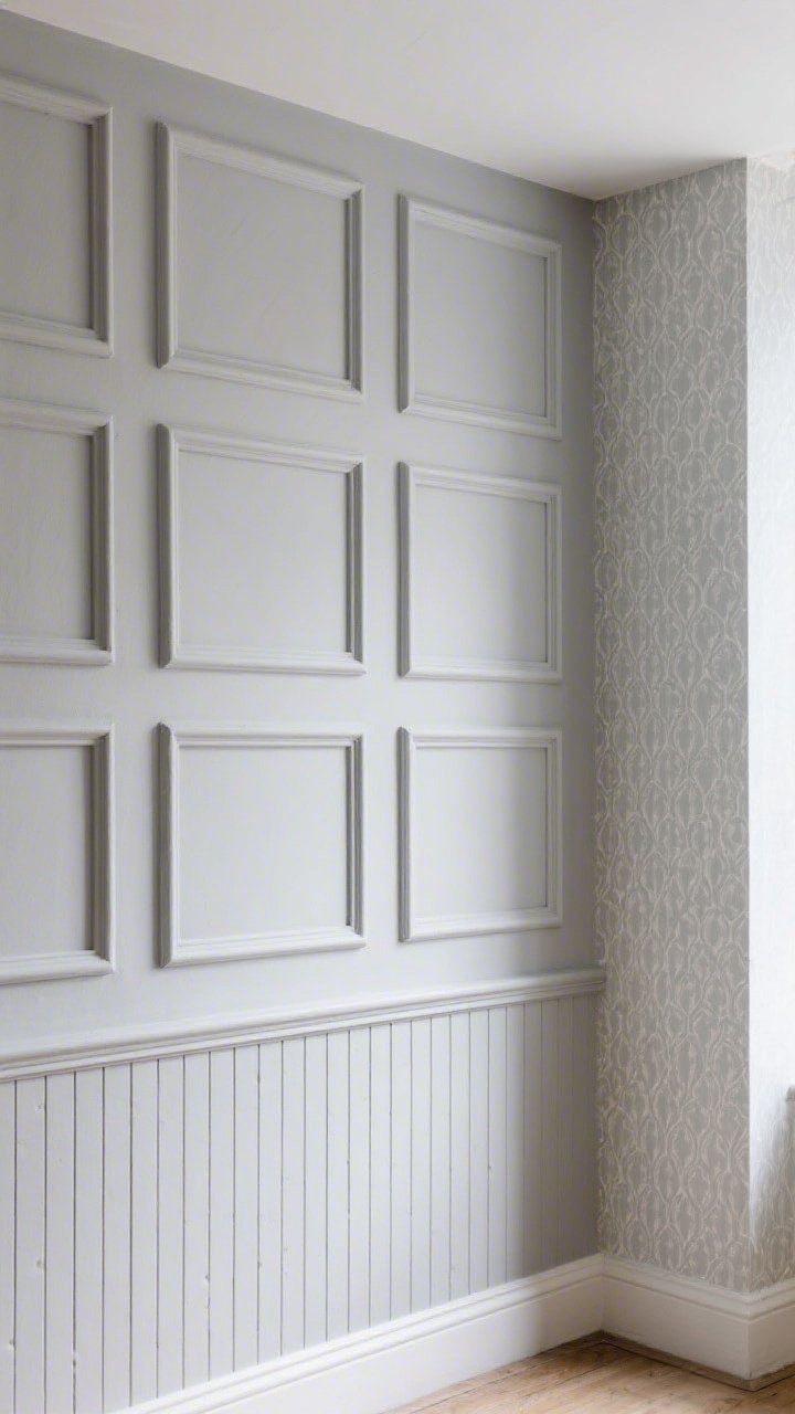 Straight-on medium shot of a wall with renter-friendly architectural interest: peel-and-stick box molding creating evenly spaced frames, all painted one monochrome color for a Parisian feel; lower third features thin beadboard (or beadboard wallpaper) capped with a simple ledge rail; a single adjacent accent wall shows subtle, tight-palette peel-and-stick pattern; lighting is bright and even to emphasize depth and profiles.
